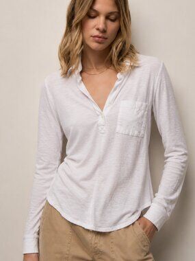 Standard James Perse White Slub Jersey Long Sleeve Pocket Henley Shirt Size 3 L